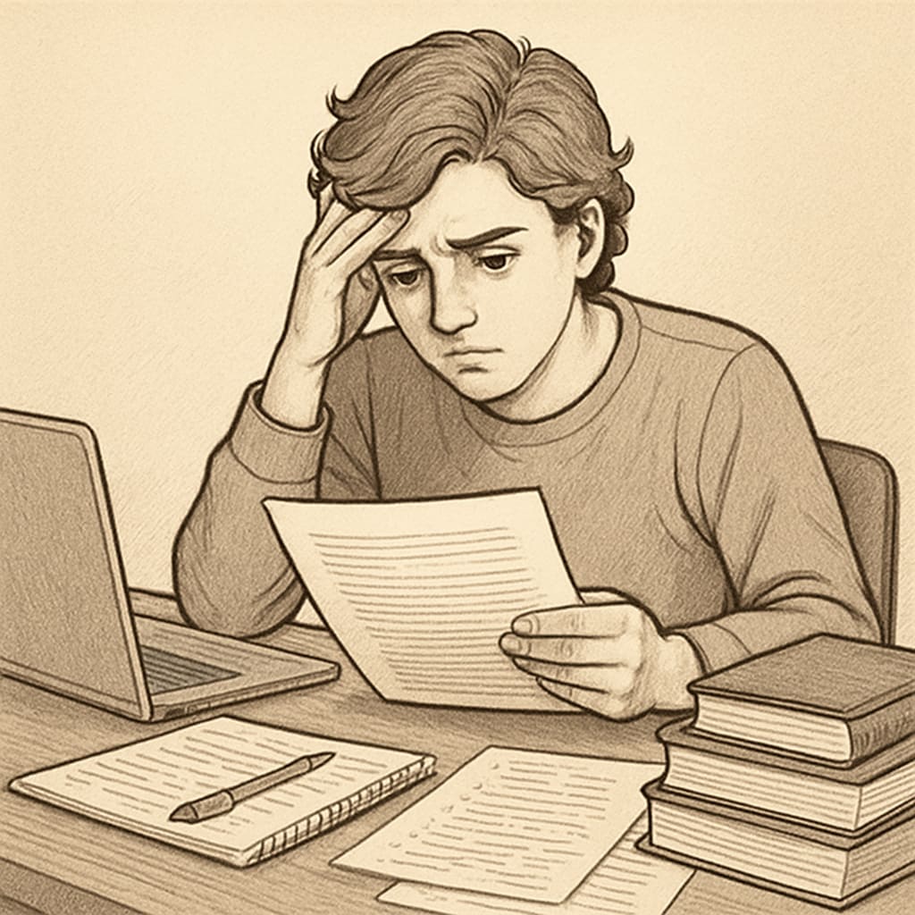 A concerned student reviewing their academic paper after being accused of plagiarism, highlighting the emotional toll of such allegations. A student reviewing their paper after false plagiarism accusations, showing distress.