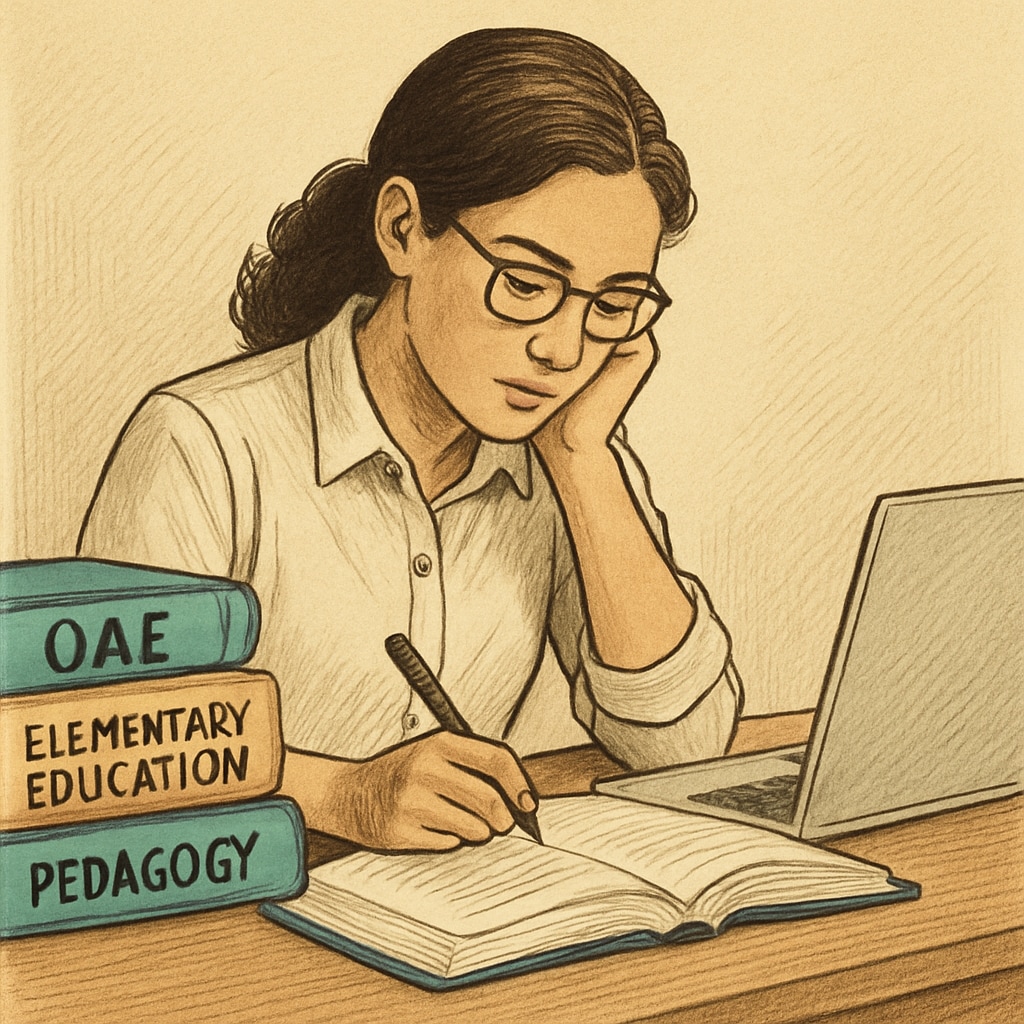 Teacher studying for OAE exam using books and a laptop.