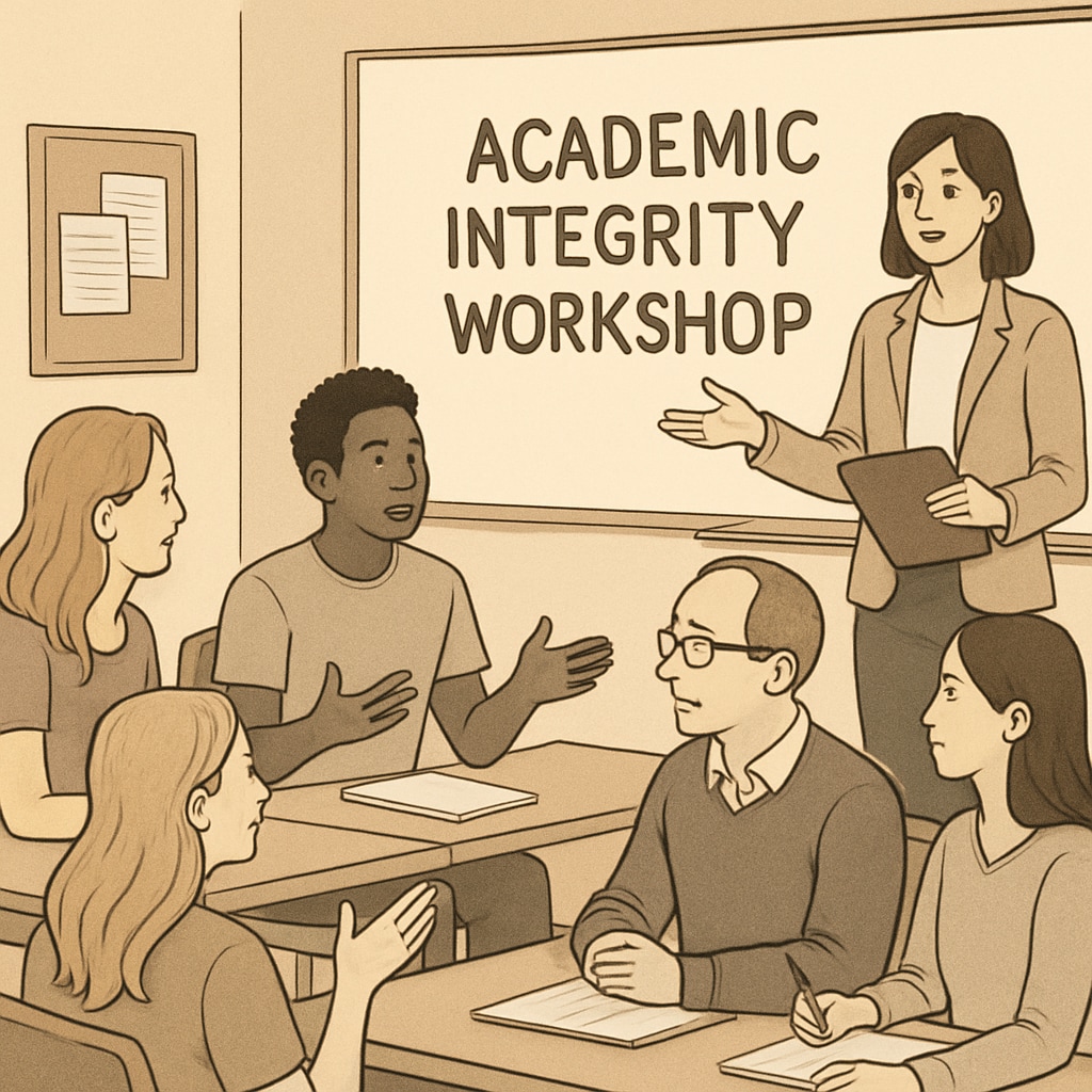An academic integrity workshop in progress, with students and faculty engaging in a discussion about fair evaluation practices. Students and professors discussing academic integrity practices in a workshop.