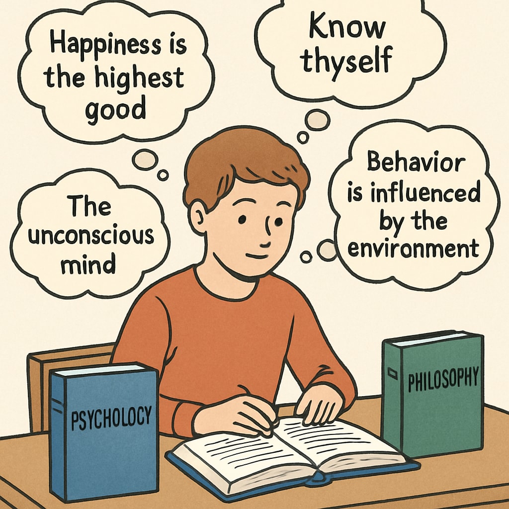 An illustration of a young student reading books on psychology and philosophy, surrounded by thought bubbles with philosophical quotes and psychological concepts. Young student reading books with thought bubbles showcasing psychology and philosophy concepts.