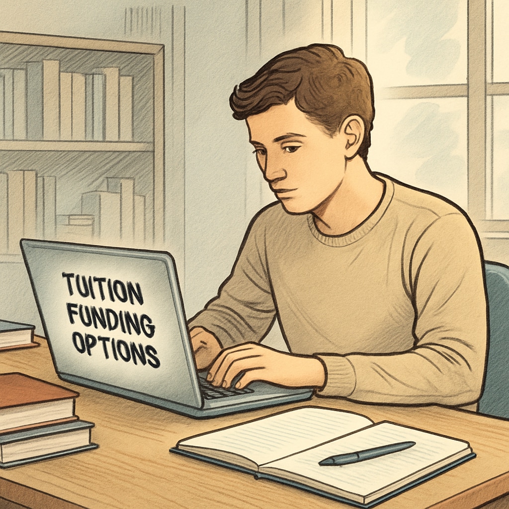 A young college student sitting at a desk, researching tuition funding online. This represents the struggle students face when seeking financial solutions. College student researching tuition funding online, highlighting challenges in education funding.