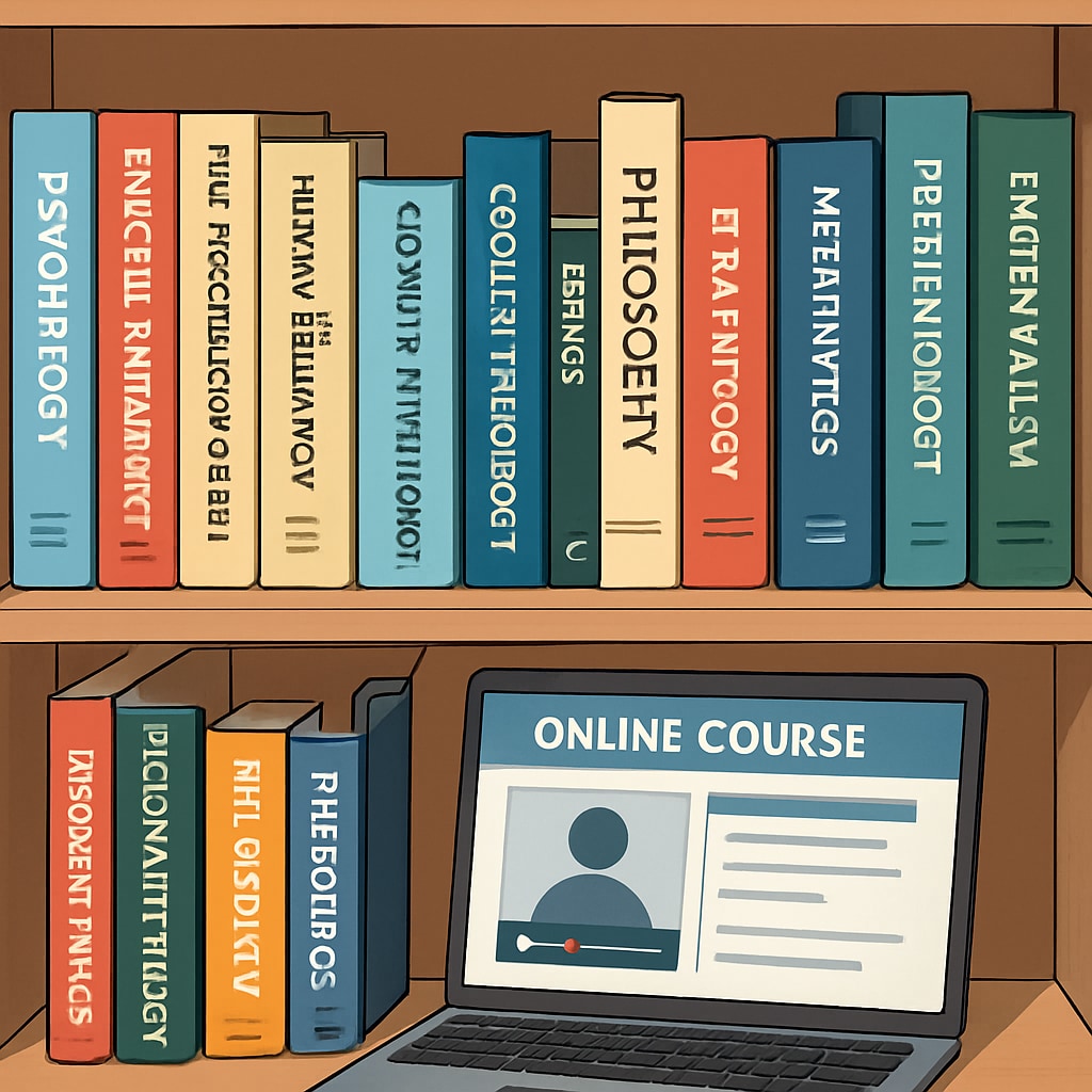 A vibrant bookshelf displaying popular psychology and philosophy books alongside a laptop showing an online course interface. Bookshelf with psychology and philosophy titles and a laptop showing an online course.