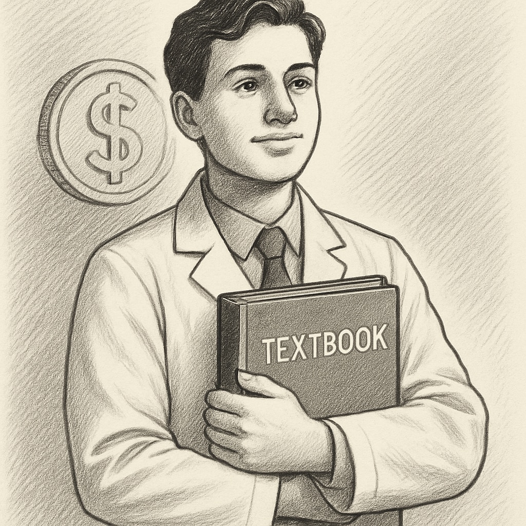 A hopeful medical student in a white coat holding a textbook, symbolizing aspirations for a medical career despite financial barriers. Medical student holding a textbook, reflecting dreams of overcoming tuition challenges.