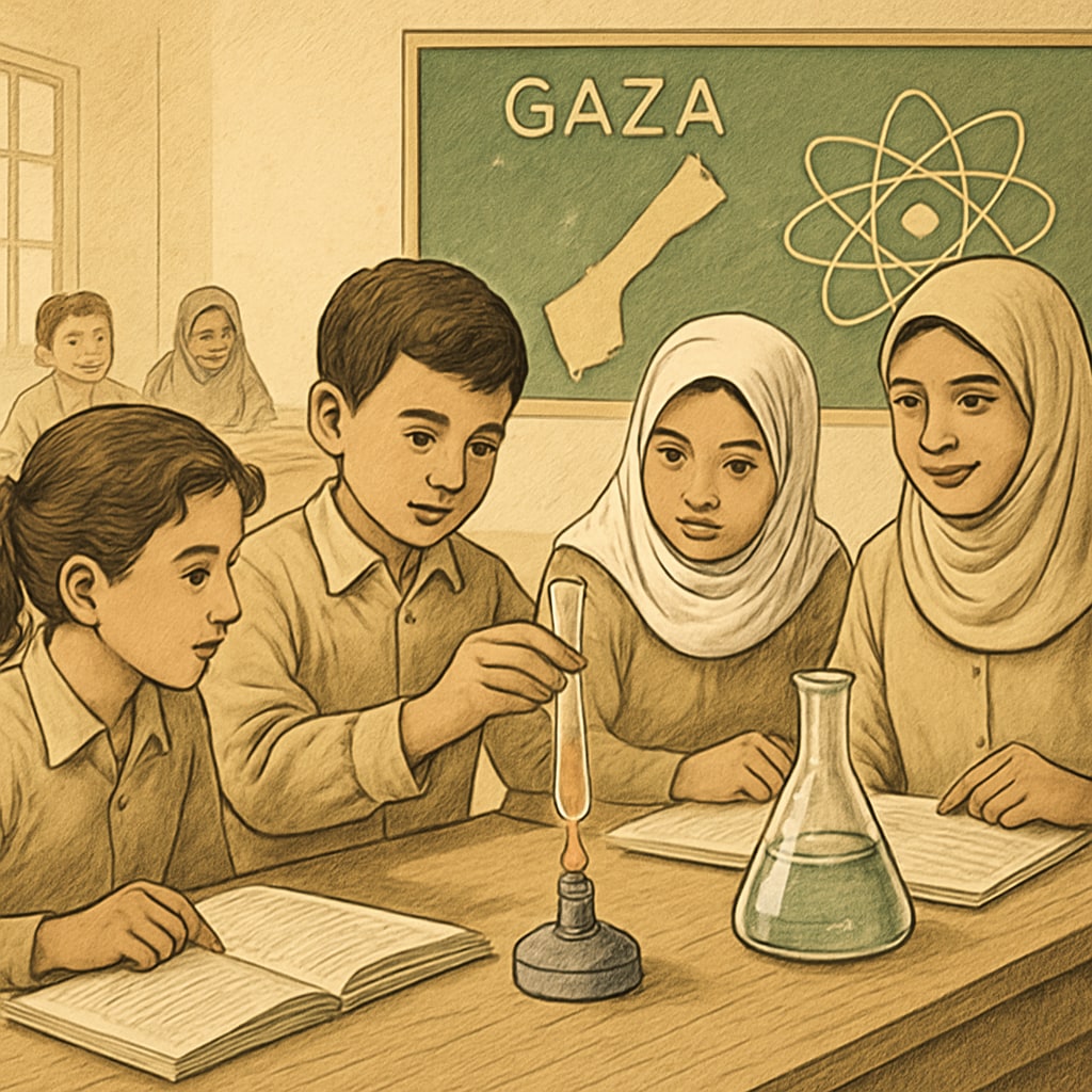 A classroom in Gaza with students engaged in a science experiment, symbolizing hope and progress through education. Students in Gaza participating in science activities as part of new curricula.