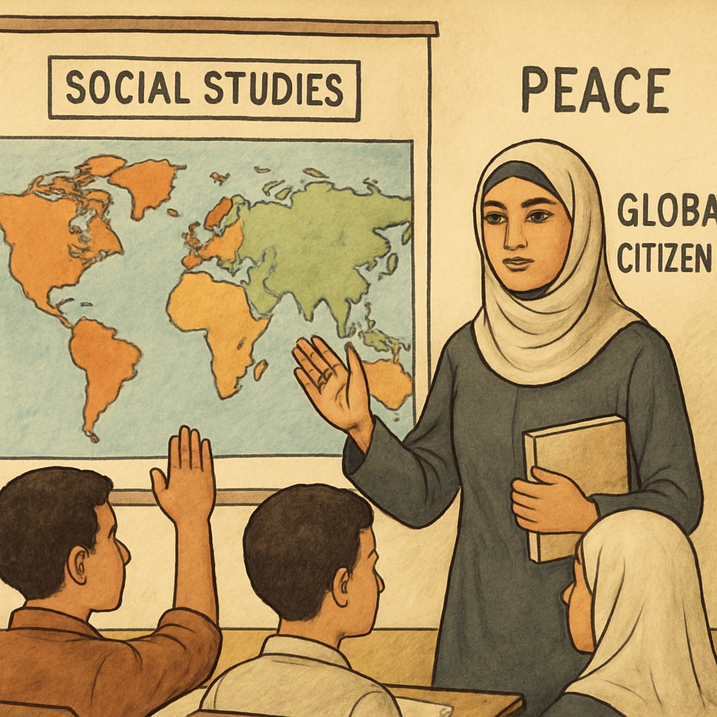 An educator in Gaza teaching social studies with a map and engaging students in discussions about peace and global citizenship. Gaza teacher fostering peace and understanding through social studies lessons.
