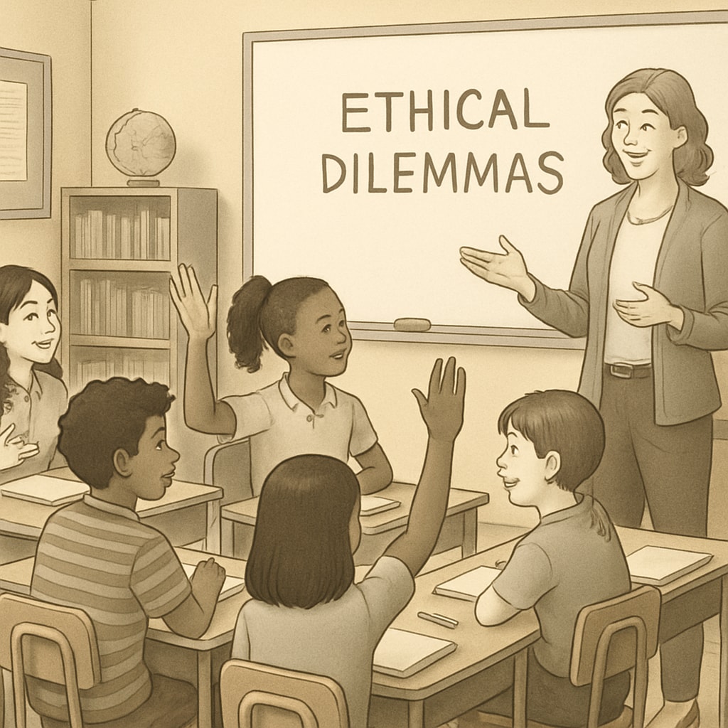 K12 students learning about ethical dilemmas through group discussion.