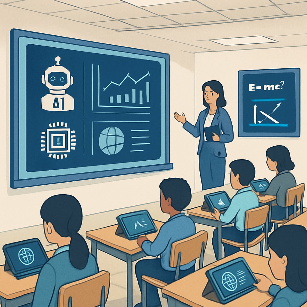 A futuristic classroom using AI-powered interactive screens and personalized student devices. AI-powered classroom with interactive screens showing personalized lessons for students.