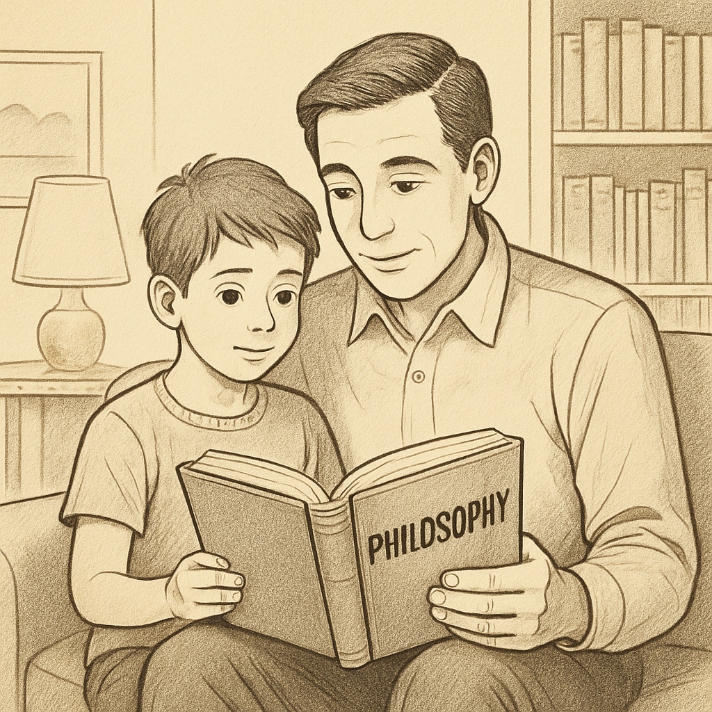 Parent and child engaged in learning philosophy through a book.