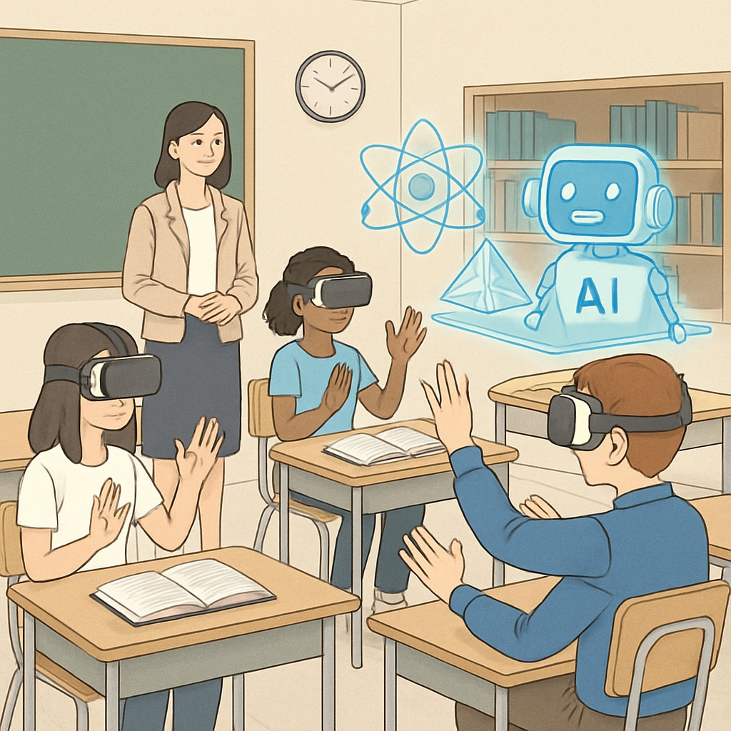 Students wearing VR headsets in a classroom, interacting with AI-based learning simulations. Students using VR headsets powered by AI in an immersive educational environment.