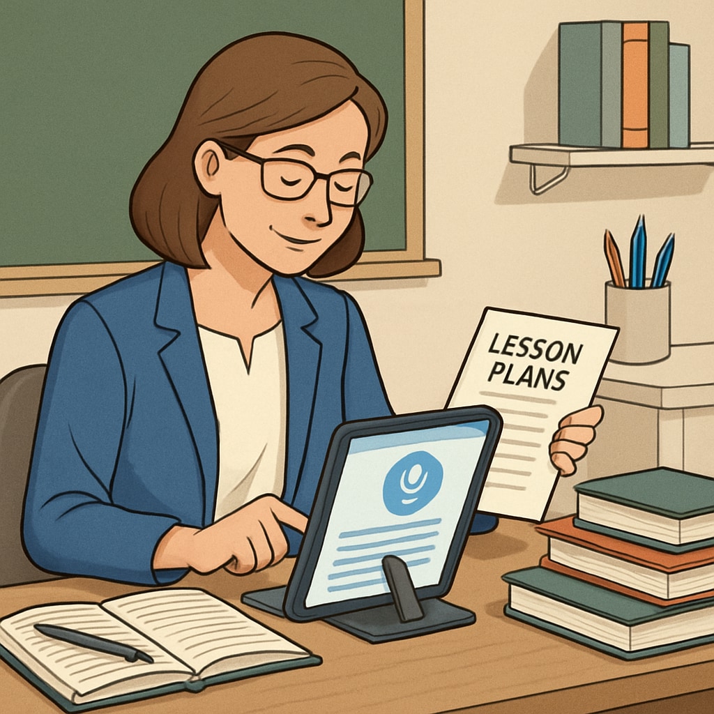 A teacher using a voice-to-text application on a tablet while preparing lesson plans. The image depicts technology integration in education, emphasizing productivity. Teacher using WillowVoice voice-to-text tool for lesson planning