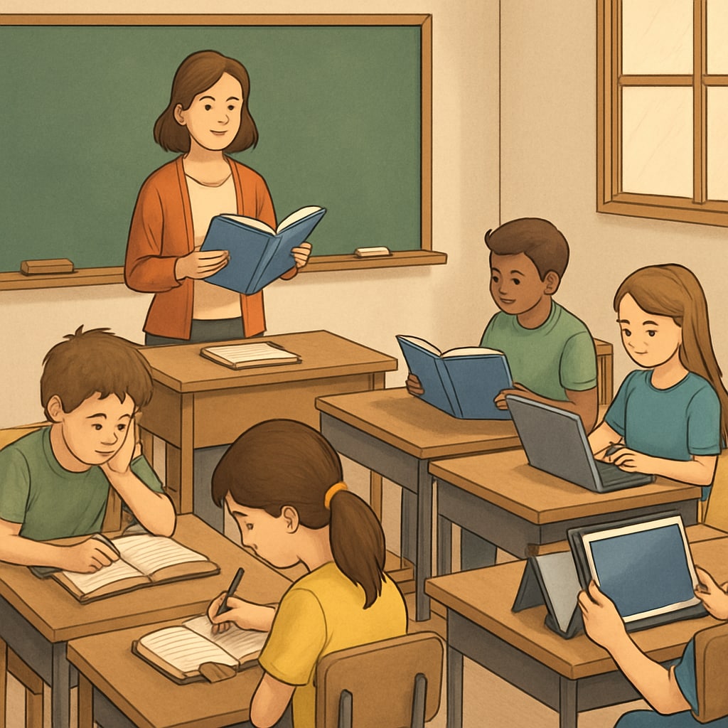 A classroom setting where some students have access to better resources than others. Classroom showing unequal resource distribution among students.