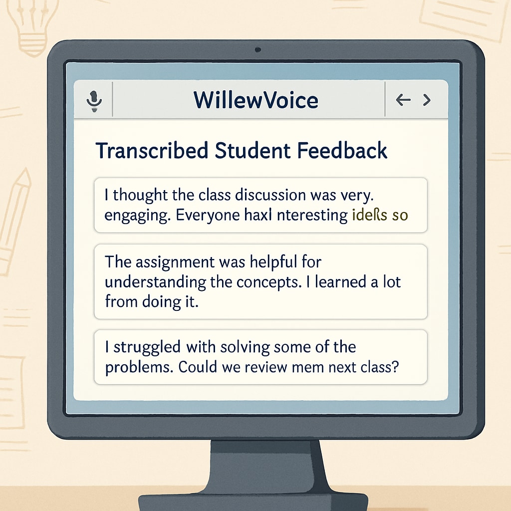 Close-up of a computer screen displaying transcribed student feedback generated by WillowVoice. The image highlights the application of voice-to-text technology in educational settings. WillowVoice-generated student feedback on a computer screen