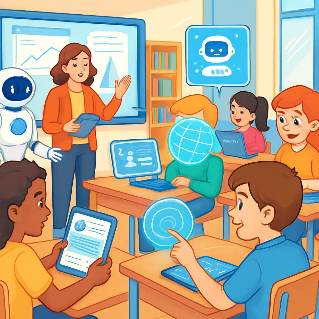 Illustration of a futuristic classroom with AI-powered tools assisting teachers and students. The image shows a vibrant learning environment with students interacting with smart devices and holographic displays. AI-powered tools in a futuristic classroom setting, reshaping K12 education.