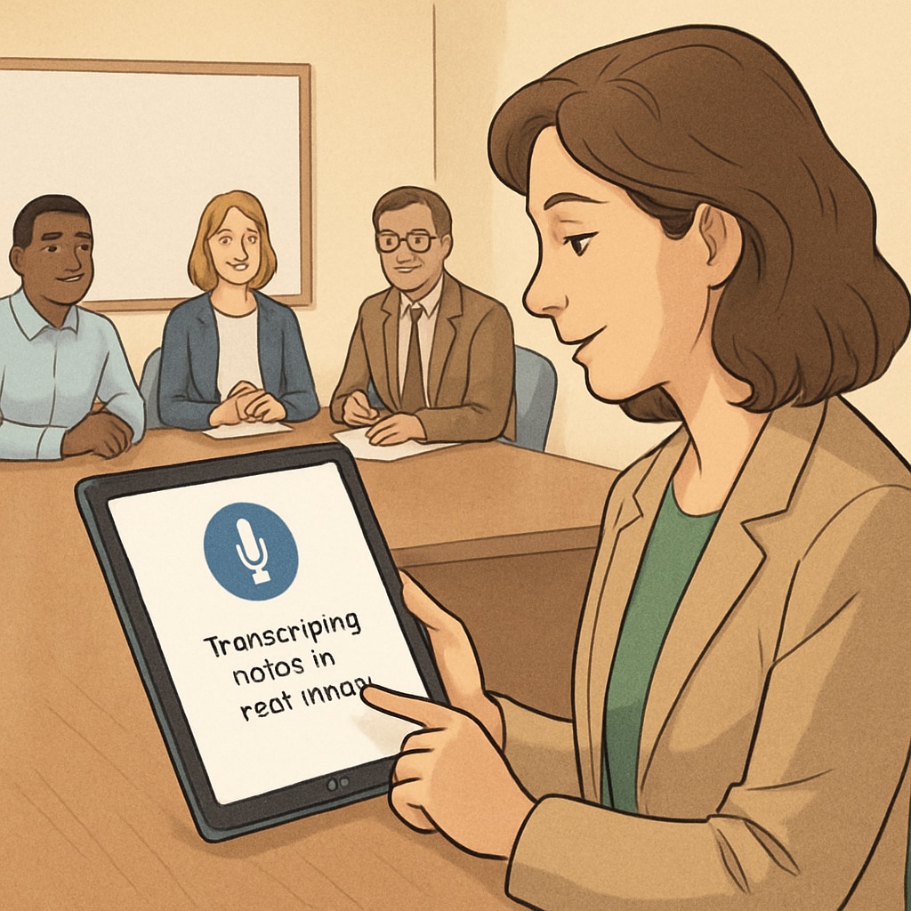 A teacher using speech-to-text software on a tablet during a meeting to transcribe notes in real time. Teacher using speech-to-text tool to transcribe meeting notes in real time.