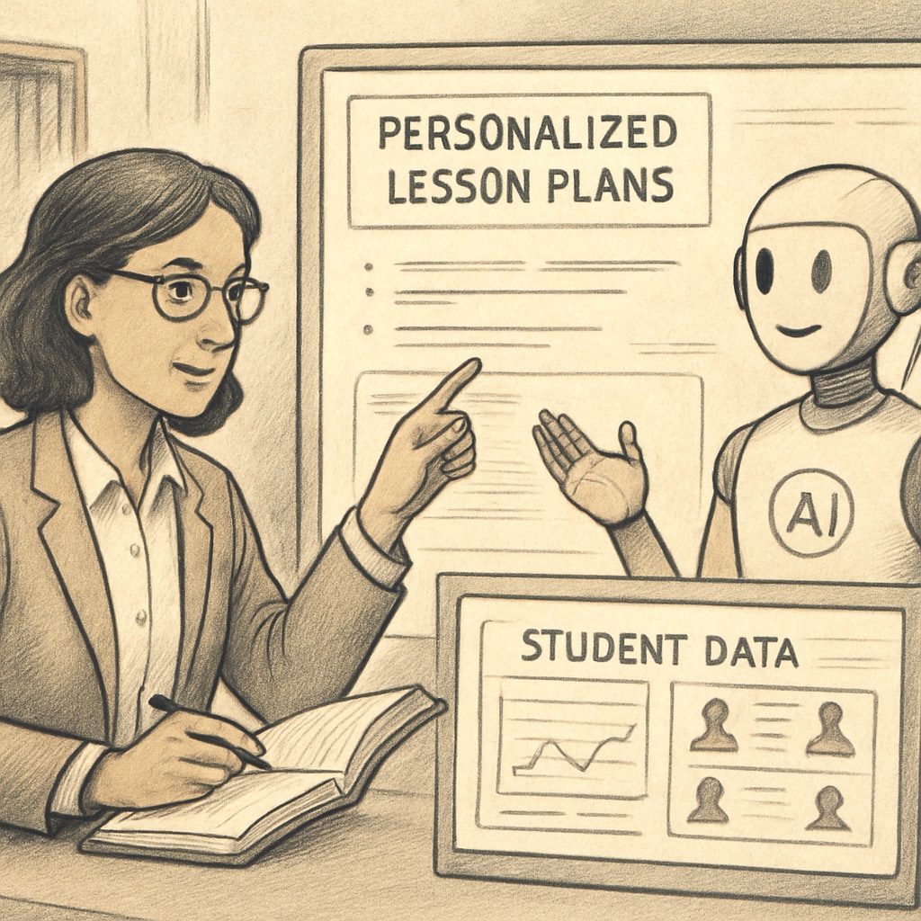 A teacher collaborating with AI technology to develop personalized lesson plans for students. The image depicts a teacher using a digital interface alongside an AI assistant to analyze student data. Teacher using AI technology to create customized lesson plans for K12 education.