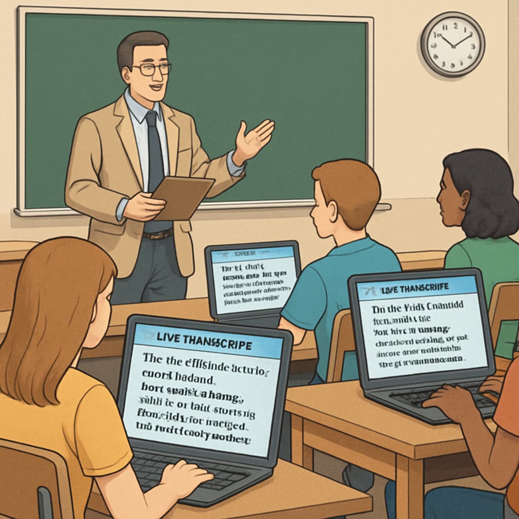 A classroom setting where students are viewing live transcripts on their screens during a teacher’s lecture. Classroom with students viewing live speech-to-text transcripts on their devices.