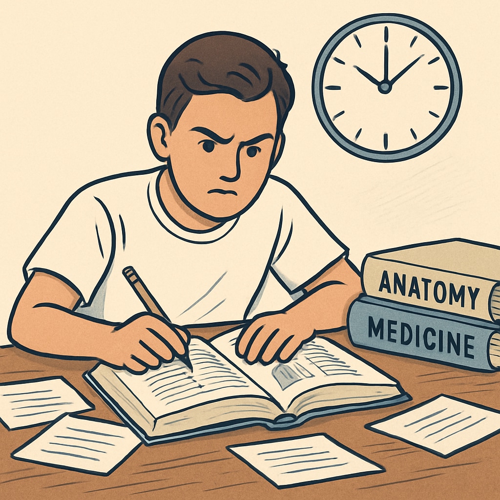 A symbolic image of a student studying with medical books, expressing determination despite visible hurdles like scattered notes and a clock. A student with learning challenges studying medical texts under time pressure.