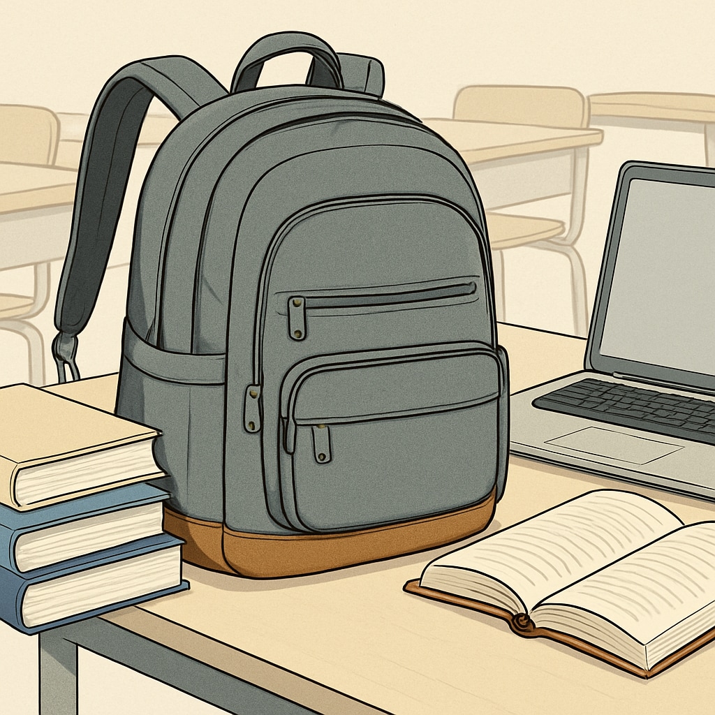 A stylish and functional backpack resting on a university desk with books and a laptop. Affordable university backpack with books and laptop