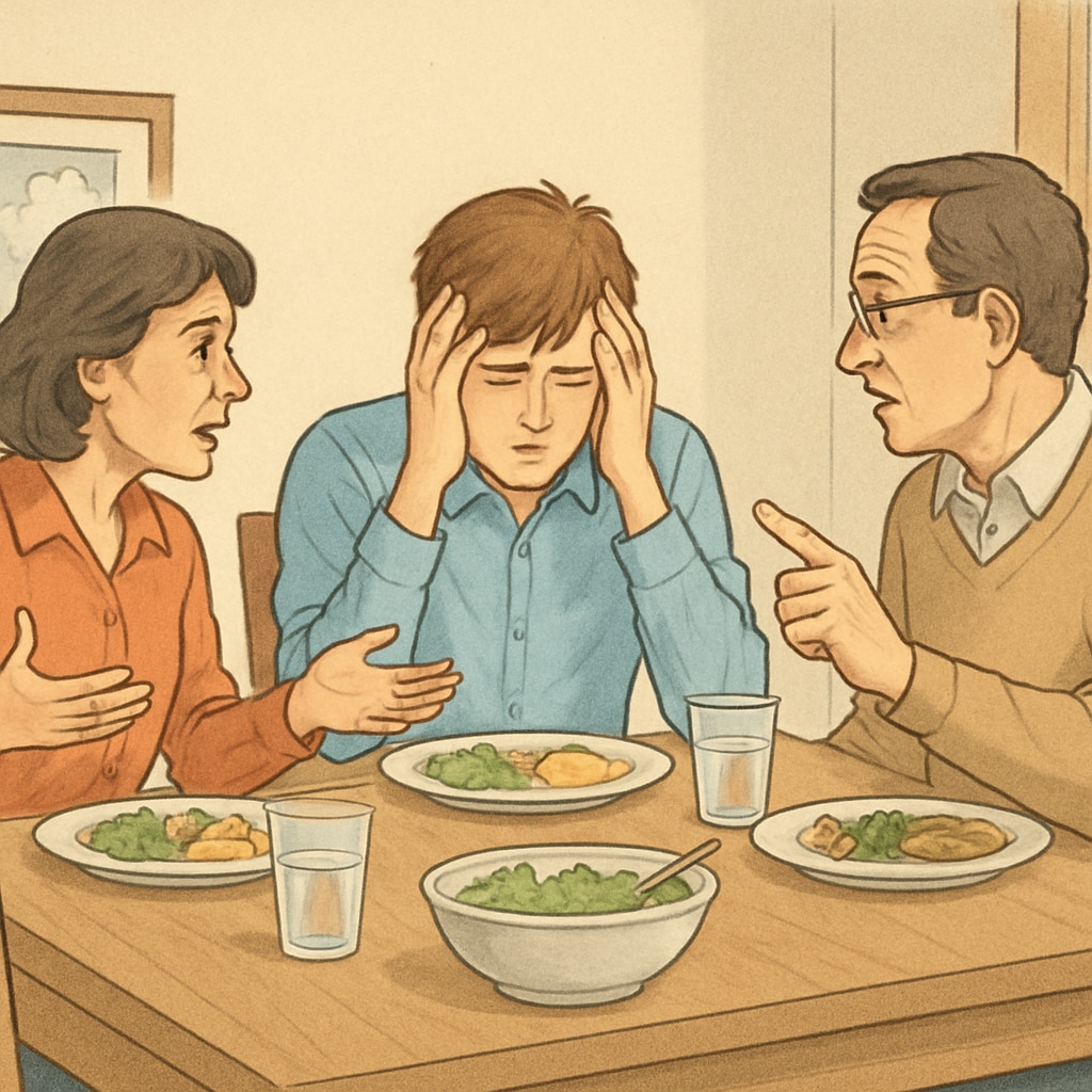 A family dinner setting where a student is visibly stressed while parents discuss career expectations, symbolizing family pressure. A stressed student experiencing family pressure over career choices.