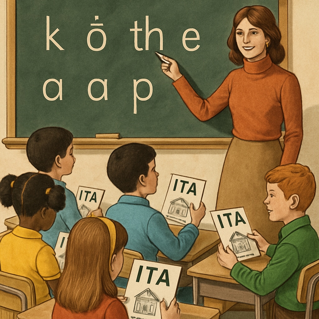 A classroom from the 1970s featuring children learning with ITA materials, showcasing simplified phonetic symbols on a blackboard. 1970s classroom teaching ITA, phonetic alphabet for early literacy.