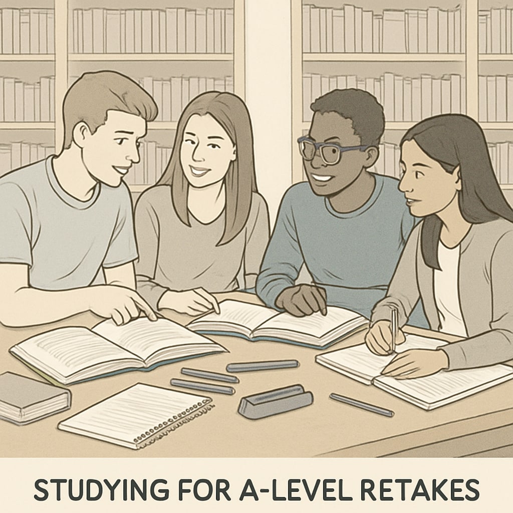 A group of students studying together for their A-Level retakes in a library, showcasing a collaborative learning environment. Students preparing for A-Level retakes in a library.