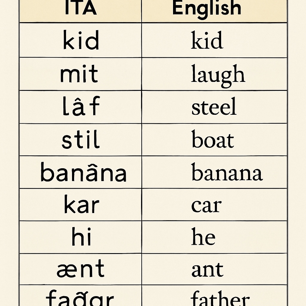 A side-by-side comparison of ITA symbols and standard English spelling, highlighting the differences in word representation. Comparison of ITA and standard English spelling showing phonetic simplifications.