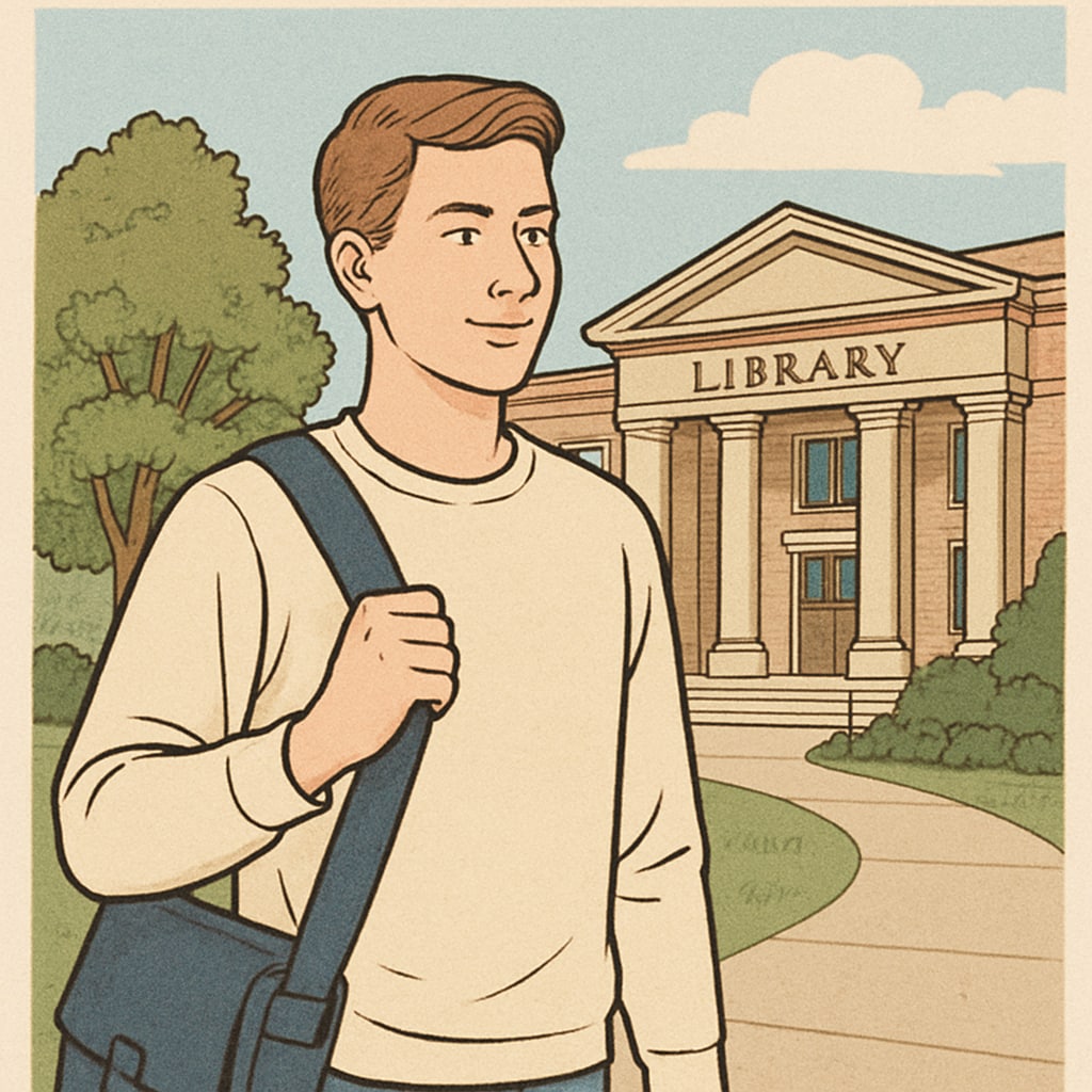 A university student wearing a messenger bag while standing near a library. University student with practical messenger bag