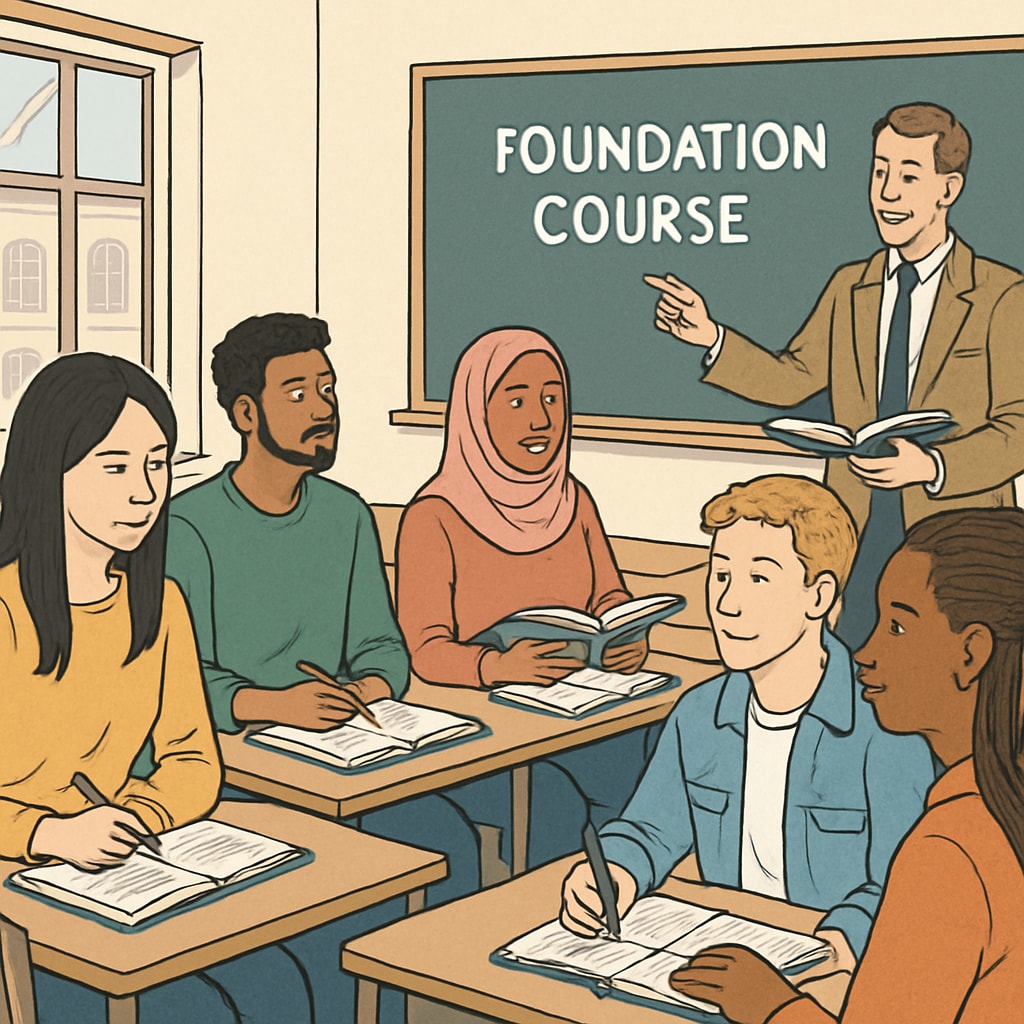 A diverse group of international students attending a foundation course lecture at a university, representing global learning opportunities. International students in a foundation course lecture.