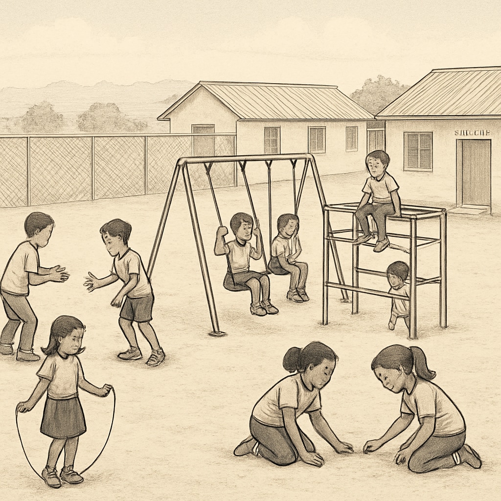 A group of children playing in a smaller, temporary schoolyard with limited recreational equipment. Children playing in a temporary schoolyard with limited playground facilities.
