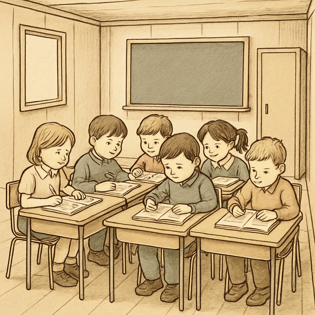 Students in a cramped temporary classroom, illustrating space limitations in school environments.