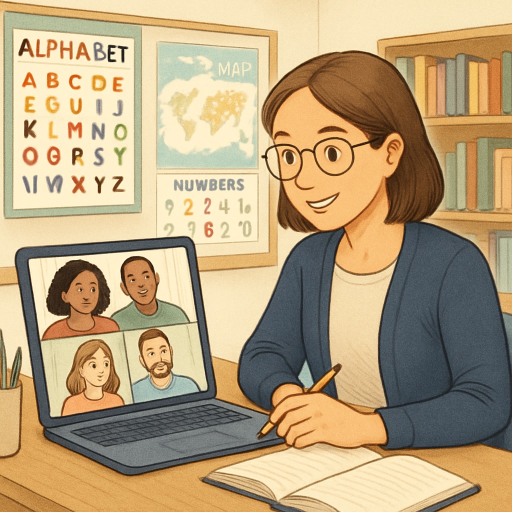 A teacher conducting a virtual parent-teacher meeting with engaged parents visible on a laptop screen. Virtual parent-teacher meeting during a temporary school relocation.
