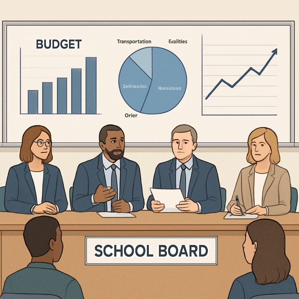 School board meeting addressing per-student spending and budget transparency.