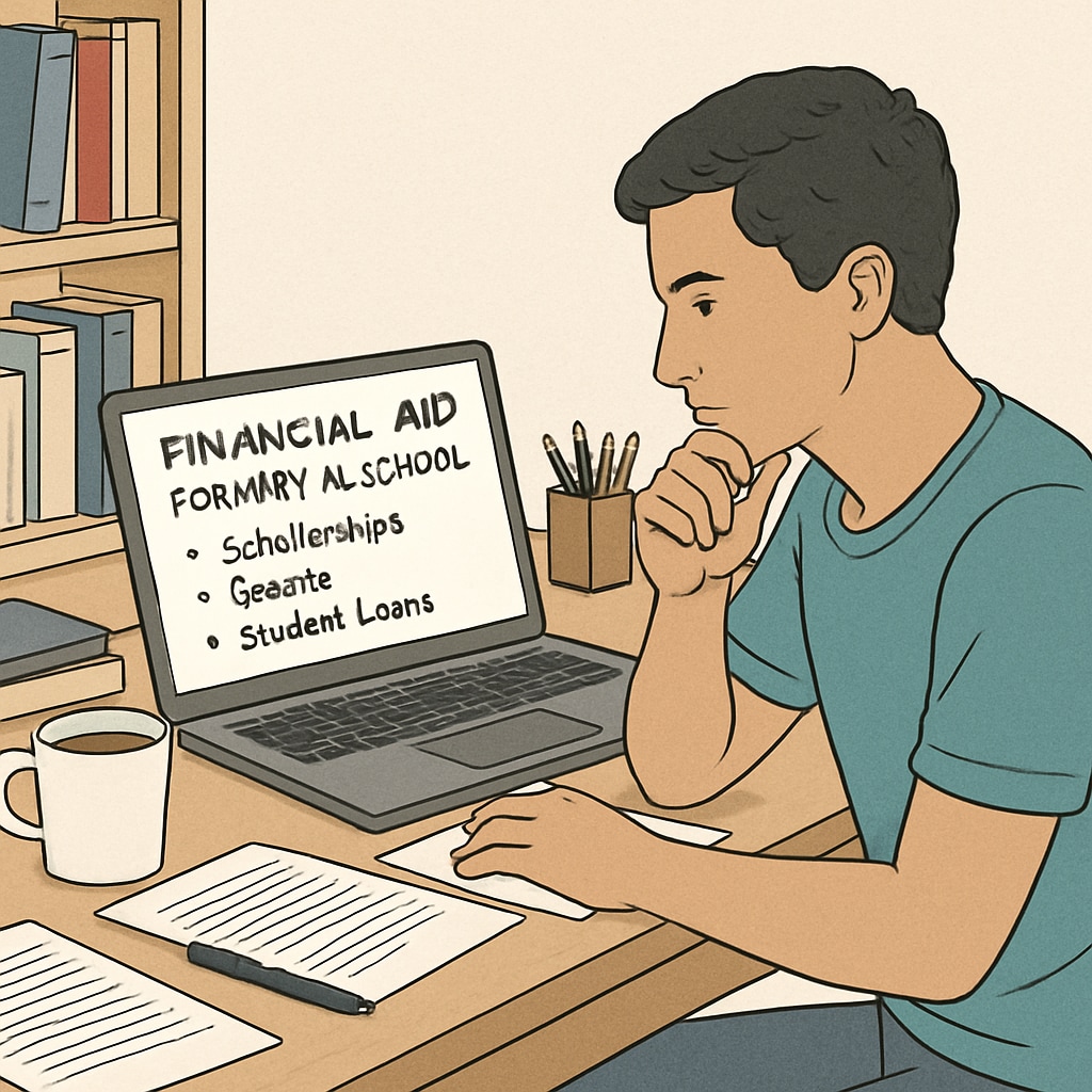 A student working on a laptop, researching financial aid options for medical school. A student seeking financial aid options for medical school using a laptop.
