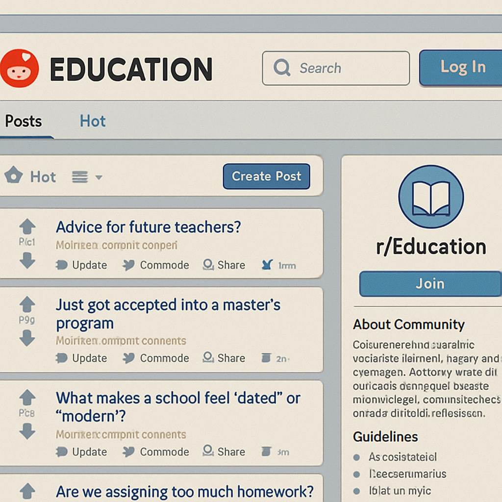A screenshot of the r/Education subreddit homepage, showing recent posts and community guidelines in the sidebar. r/Education subreddit homepage with visible community rules and posts