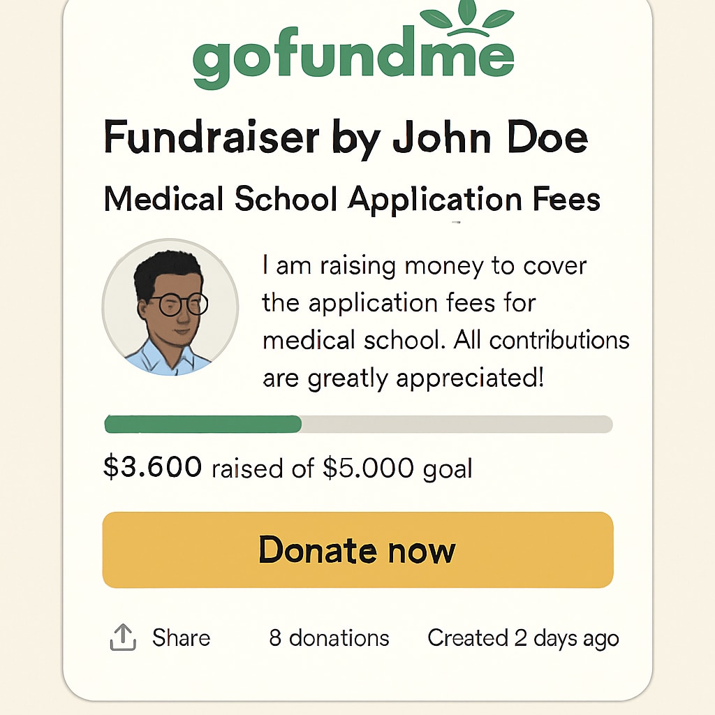 A screenshot of a GoFundMe campaign for a student raising money for medical school applications. A GoFundMe campaign page for medical school financial assistance.
