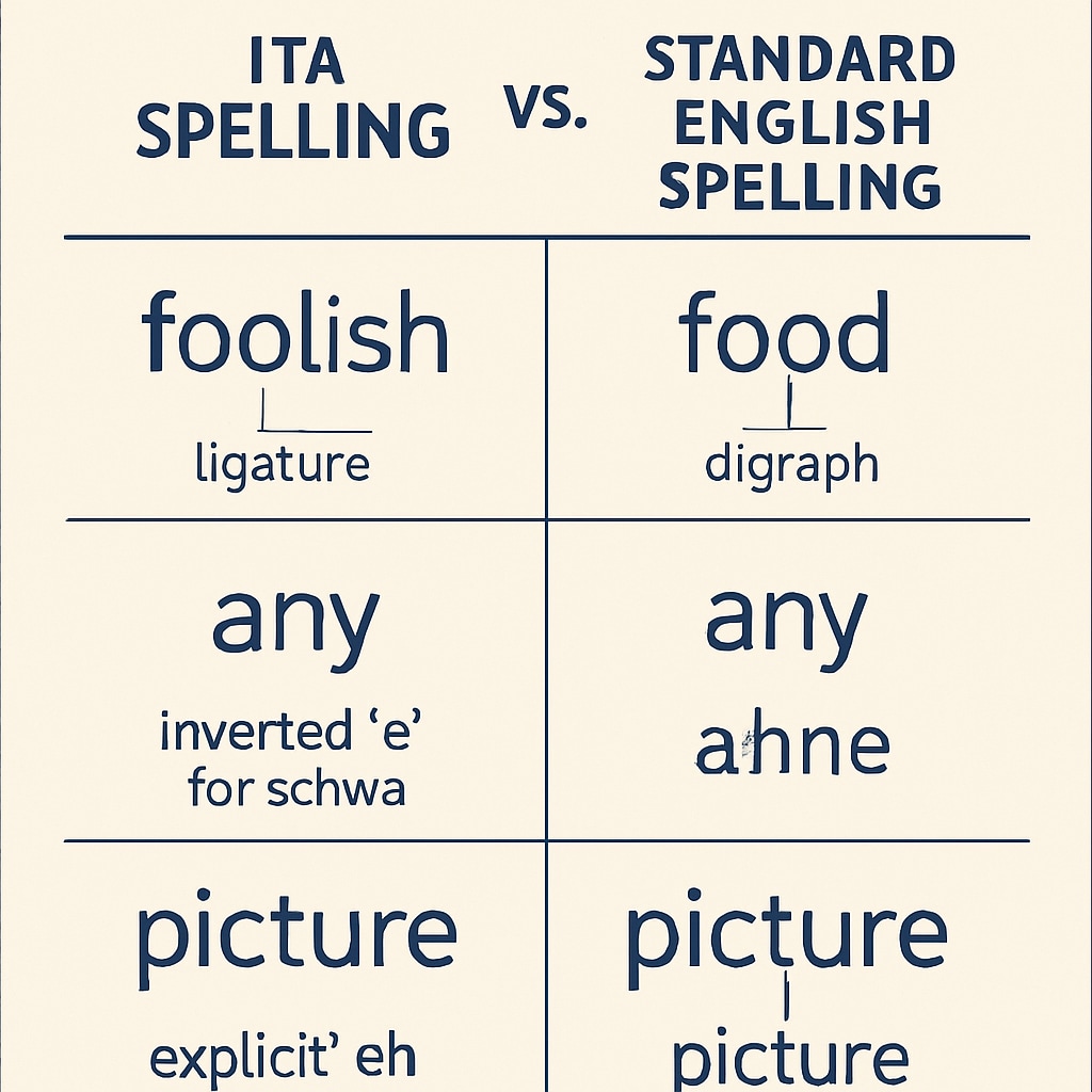 Infographic comparing ITA and standard English spelling rules.