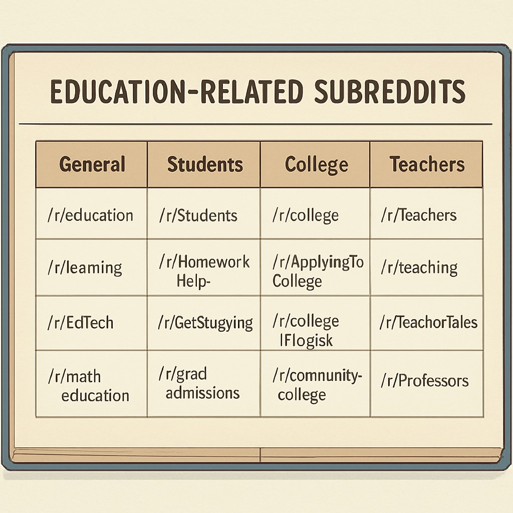 A categorized list of education-related subreddits, displayed in a visually appealing table format. Directory of education-focused subreddits categorized by topic