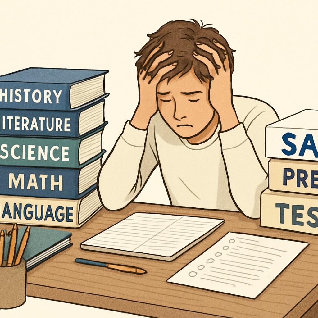 A stressed high school student surrounded by textbooks and test prep materials, symbolizing the pressures of Ivy League aspirations. Stressed student with textbooks, showing the pressures of Ivy League admissions.