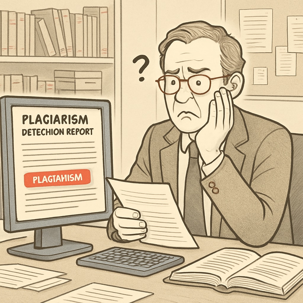 A professor reviewing a plagiarism detection report on a computer, showing confusion over flagged content. Professor reviewing plagiarism detection software report, confused over flagged content.