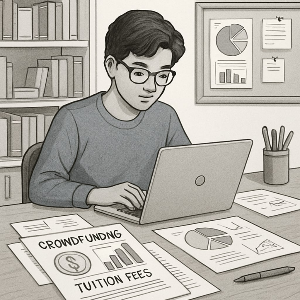 A college student working on a laptop while managing a crowdfunding campaign for tuition fees. A student using a crowdfunding platform like GoFundMe to fund college tuition.