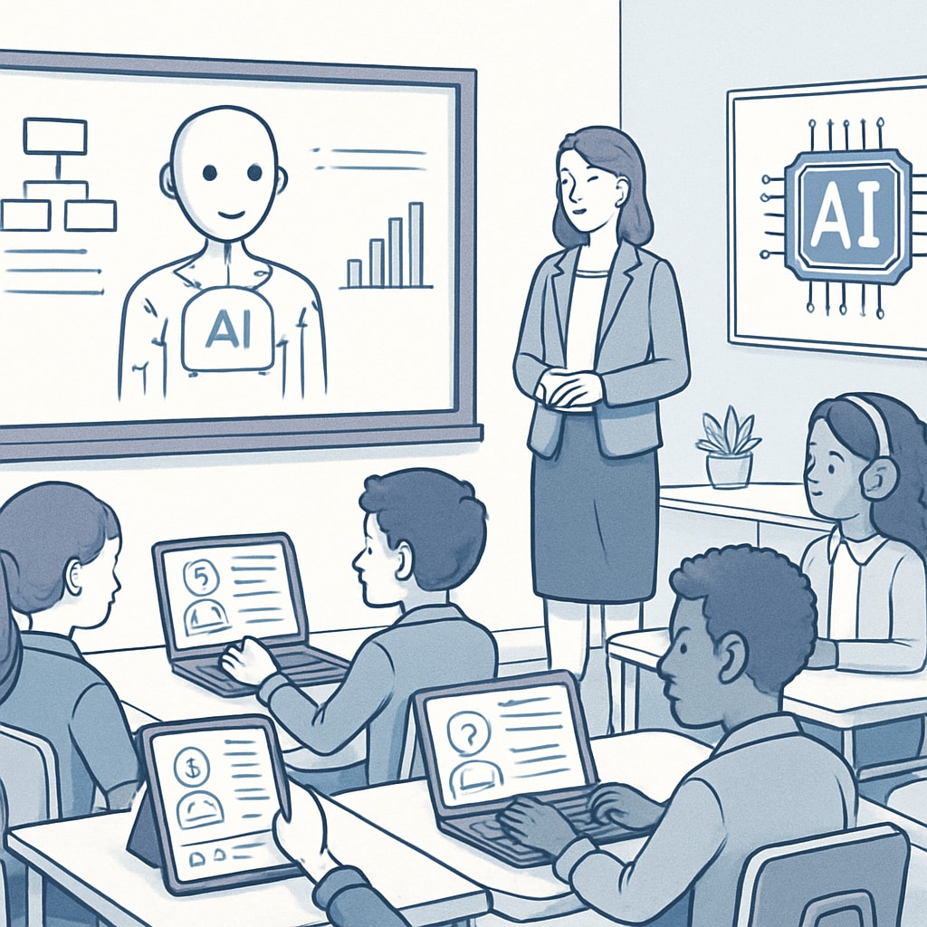 A futuristic classroom where students are interacting with AI-powered learning systems, illustrating modern education technologies. Students using AI-powered tools in a classroom for enhanced learning experiences.