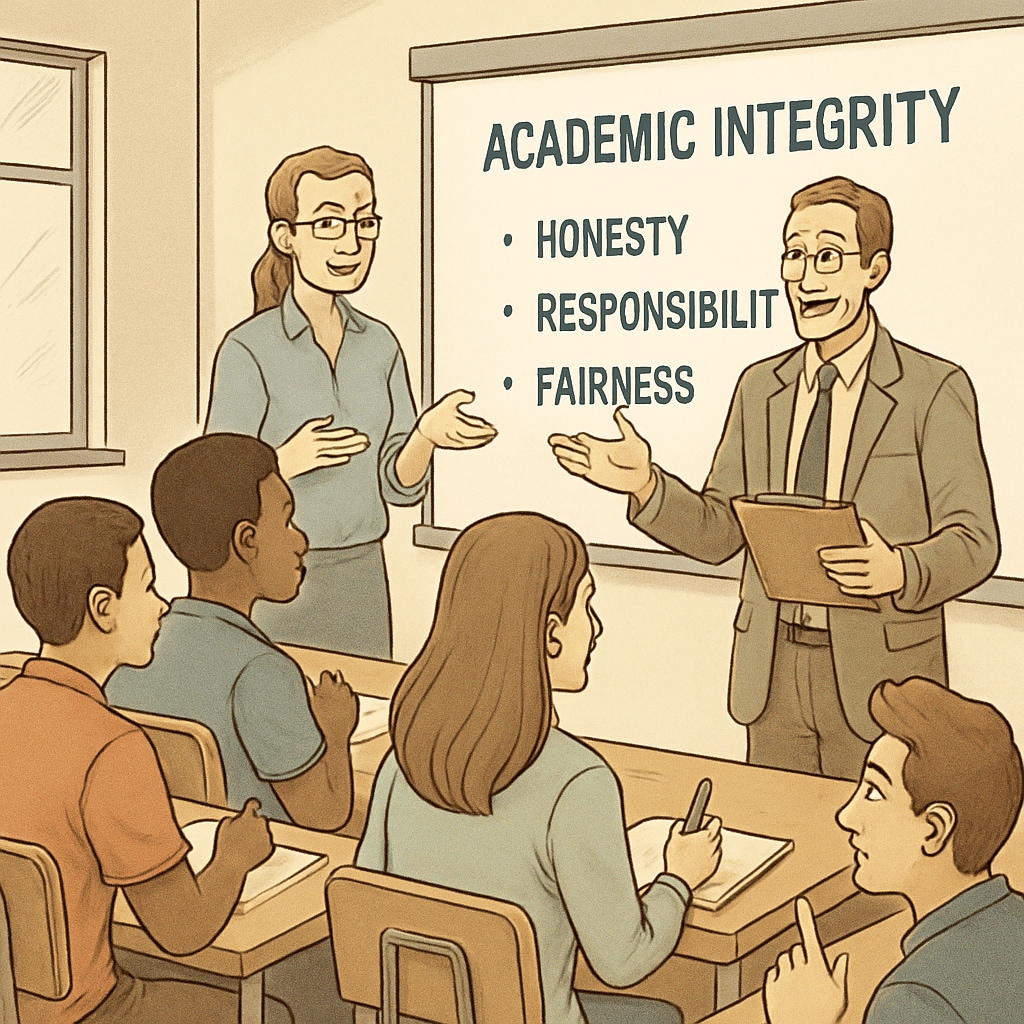 A classroom setting where a professor engages students in a workshop on academic integrity. Professor teaching academic integrity to students in a classroom setting.
