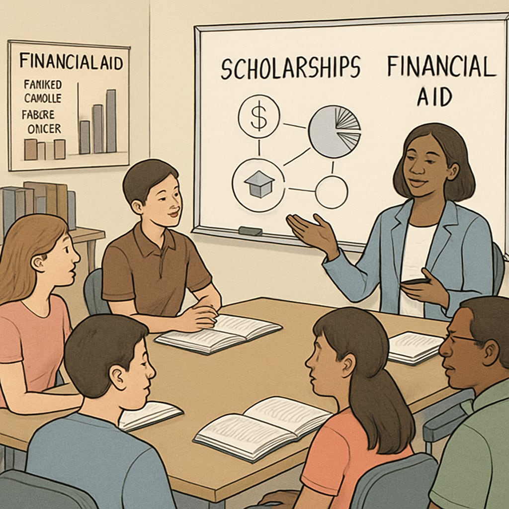 A community workshop where students and parents learn about scholarships and financial aid options. Parents and students attending a financial aid workshop to explore alternatives to crowdfunding.