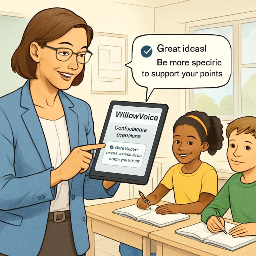 A teacher using WillowVoice to provide feedback on a tablet during a classroom session. Teacher leveraging voice recognition for feedback using WillowVoice in K12 education.