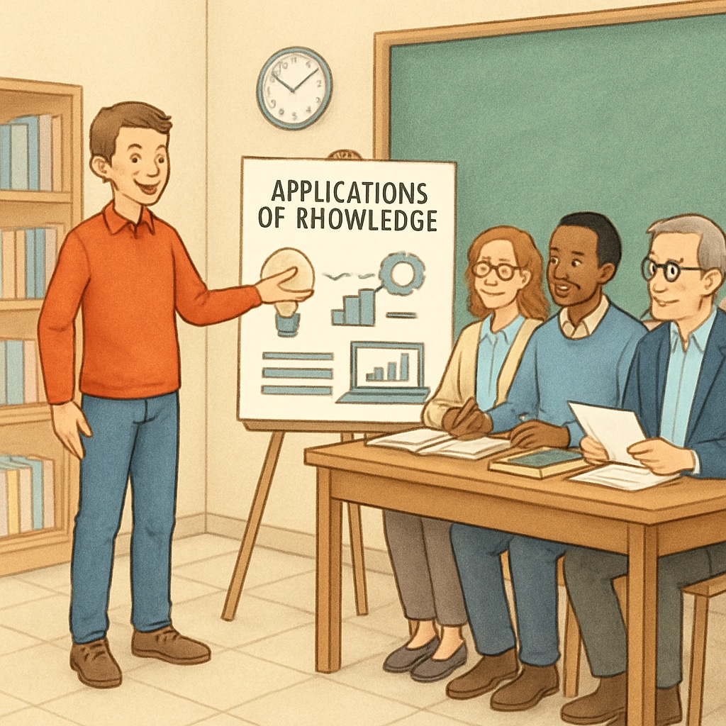 A student presenting a project to a panel, showcasing practical application of knowledge as part of an innovative exam model. Student demonstrating knowledge application through project-based assessment.