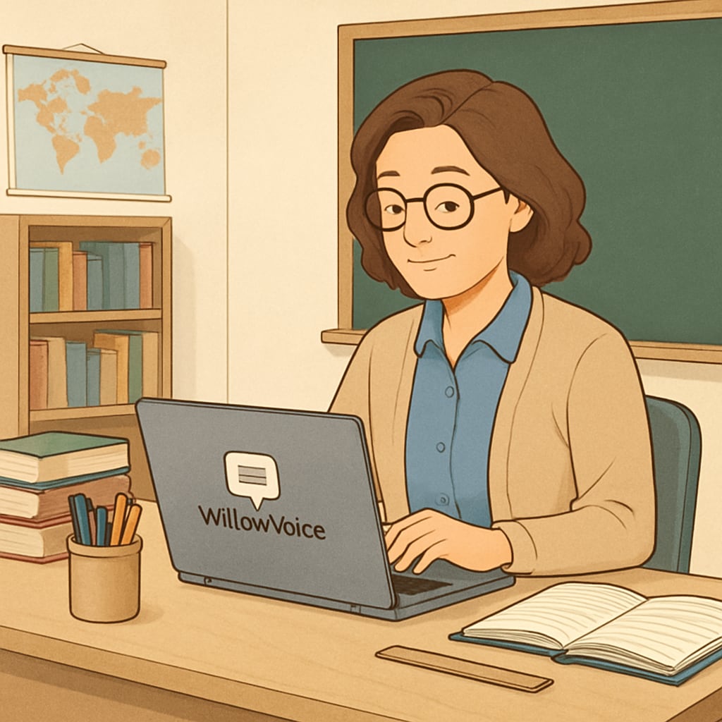 A teacher dictating lesson plans using WillowVoice on their laptop in a relaxed environment. Educator using WillowVoice to create lesson plans effortlessly with voice recognition.