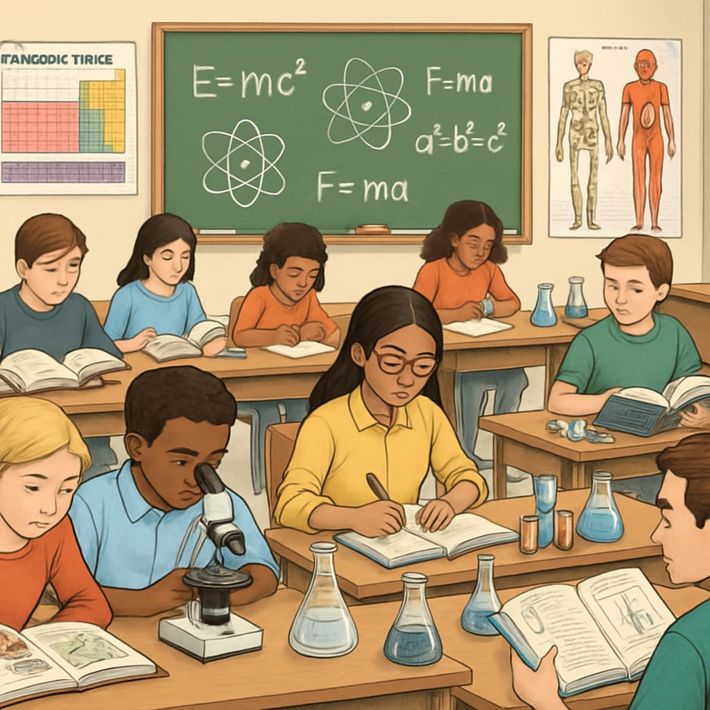 A classroom filled with students studying science subjects, representing the rigorous academic environment of aspiring medical professionals. Students engaged in science studies, highlighting the educational challenges tied to medical aspirations.