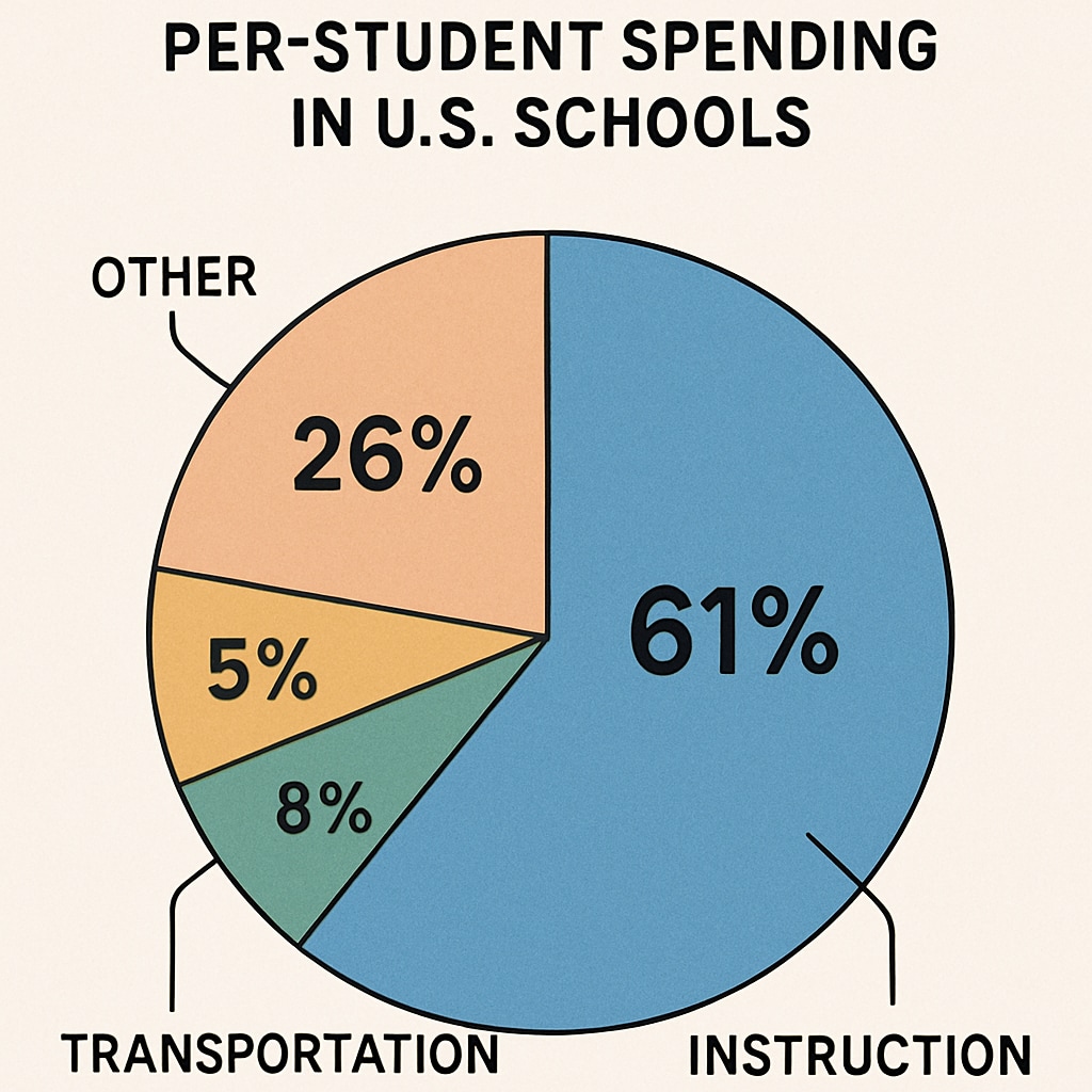 A chart illustrating the breakdown of average per-student spending in U.S. schools, including categories like instruction, transportation, and administration. Chart showing the breakdown of per-student spending, highlighting transportation and instruction costs.
