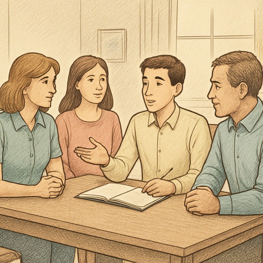 A student discussing academic goals with family members at home, illustrating the influence of family dynamics on career aspirations. Family discussion about academic goals, emphasizing the role of family pressure in shaping medical dreams.