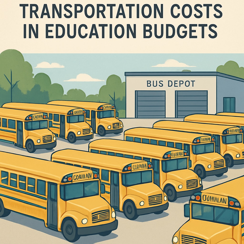 A school bus depot with rows of buses, symbolizing the role of transportation costs in education budgets. School buses parked in a depot, representing transportation costs in school budgets.